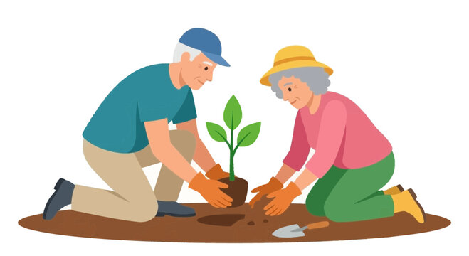 Senior Citizens Day up vector of elderly couple planting a sapling