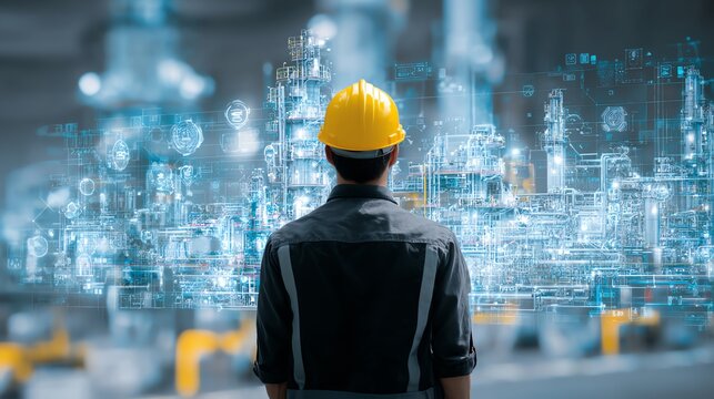 Engineer in yellow helmet standing on center of photo with background of heavy machinery in factory