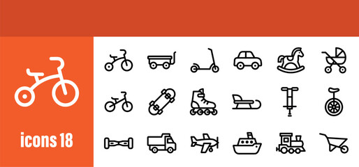 Children's toys and wheeled vehicles icons set. Playthings for kids, including bikes, cars, and wagons. Editable stroke. © liubomir118809