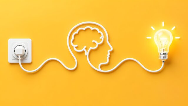 Power cord shaped as a human head and brain plugged into a socket connecting to a glowing lightbulb symbolizing creative thinking and mental energy
