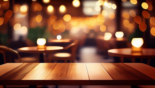blurred abstract background warm light cozy cafe interior glowing bokeh circles empty wooden tables chairs modern restaurant design space copy text backdrop