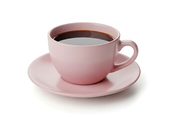 Fototapeta premium A delicate pink ceramic cup filled with aromatic black coffee served on a matching saucer isolated against a clean white studio background