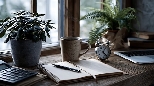 Rustic Workspace with Coffee, Plants, and Tools for Thoughtful Work