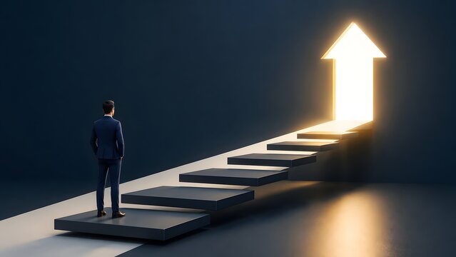 Businessman facing glowing upward arrow doorway at the top of floating stairs representing career success and future vision