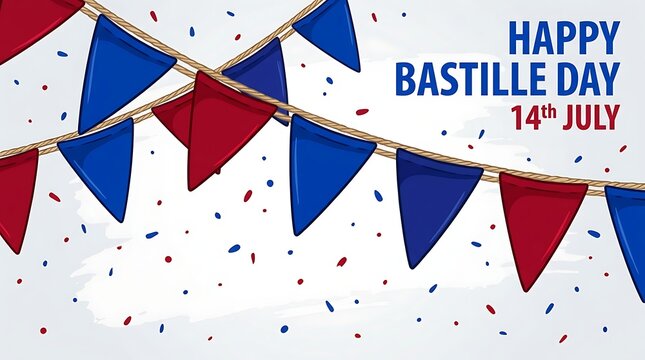 Colorful Bastille Day celebration banner with red, white, and blue triangular flags and confetti on white background