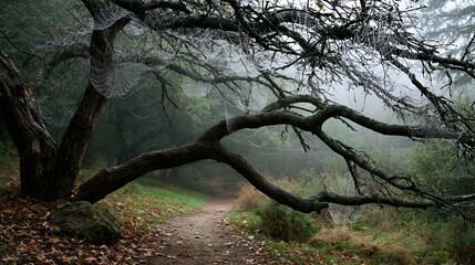Fototapeta premium Tree Branches Draped with Dew and Spider Webs over Misty Woodland Path