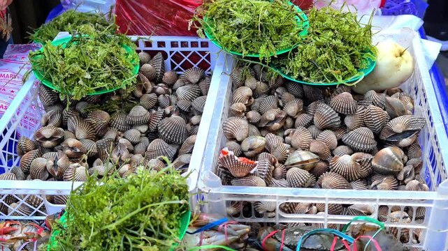 A pile of live crabs and fresh shellfish at a fish market, showcasing premium seafood ready for sale. Perfect for seafood, fisheries, culinary, and fresh food concepts. 4K