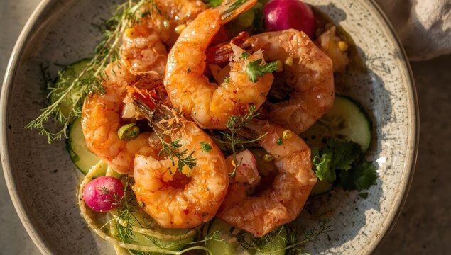 This overhead close-up highlights a colorful and tasty plate of pickled shrimp.