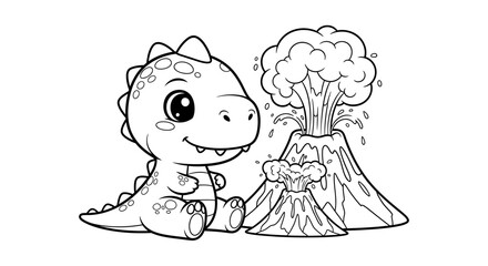 Fototapeta premium Cute cartoon baby dinosaur sitting next to two erupting volcanoes, a delightful prehistoric scene for kids' coloring books, educational activities, vector outline.