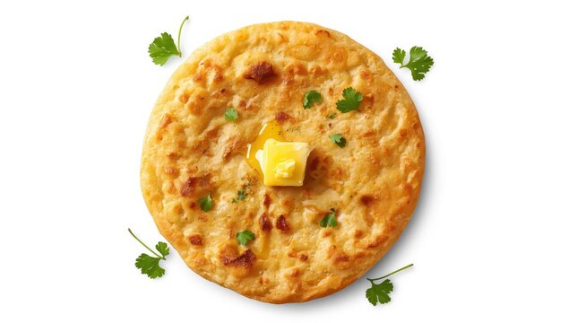 Top view of Indian flatbread filled with potatoes on a white background.