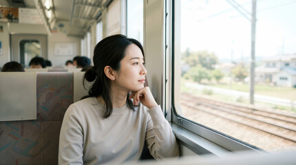 Fototapeta premium Thoughtful Japanese woman looking out of train window. Asian female passenger resting chin on hand during commute