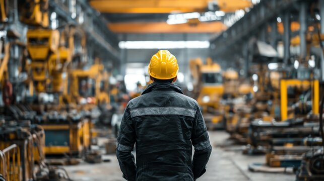 Engineer in yellow helmet standing on center of photo with background of heavy machinery in factory