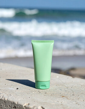 Green cosmetic tube on concrete surface, blurred ocean waves on background, natural rejuvenating skincare essence, organic product. Mock-up. Close-up.