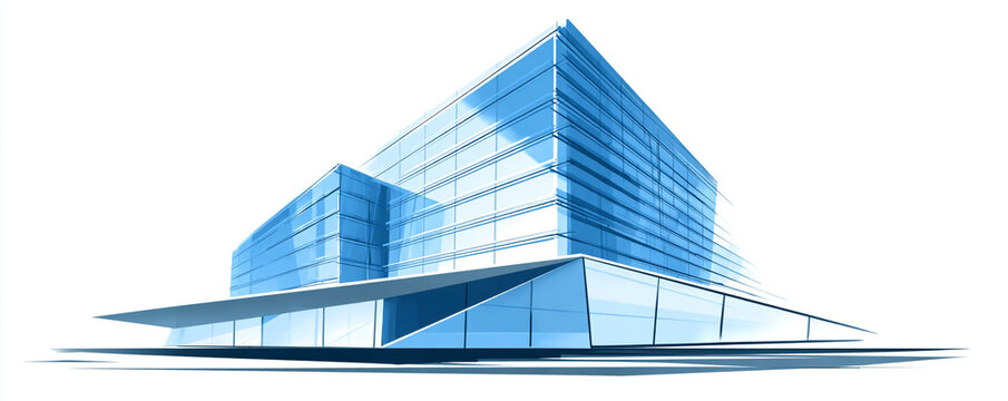Professional corporate logo, modern glass building silhouette with 3D highlights, isolated white background, 32k