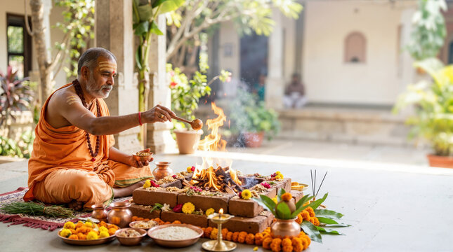 Indian priest performing a sacred fire ritual. Pujari conducting havan ceremony with offerings in an outdoor courtyard. Hindu religious ritual