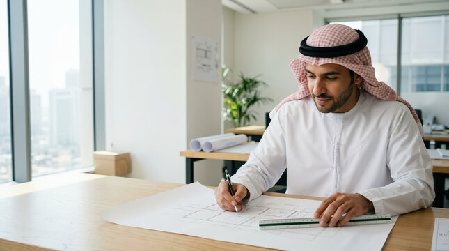 Arab architect drafting a floor plan in a high rise office. Middle Eastern engineer in traditional checkered shemagh working on blueprints. Architecture and urban development concept