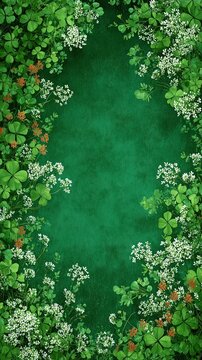 Festive Irish themed digital background for Saint Patrick Day celebration. Lush green clover leaves and golden coins scattered over an elegant emerald green decorative pattern.