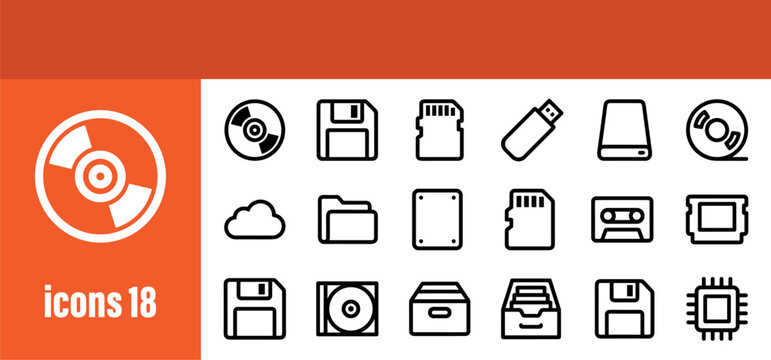 Digital Storage Devices Outline Icons Set. Data memory and backup symbols for technology and computing.