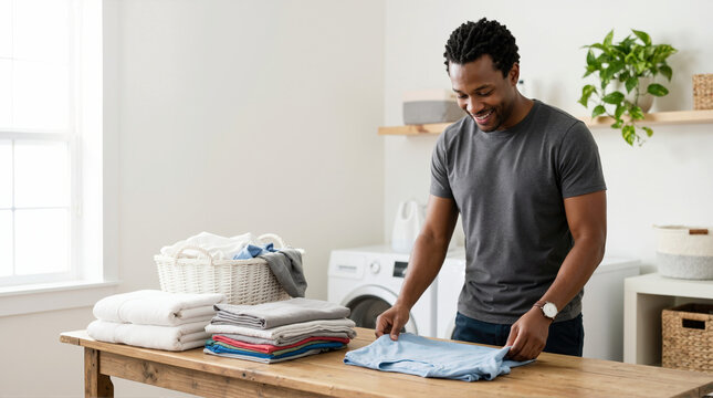 Smiling African American man folding laundry at a wooden table. Happy black male doing housework in a modern laundry room. Domestic chores and home lifestyle concept
