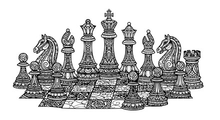 Intricate Hand-Drawn Chess Set on Board, Black and White Artistic Design © illustration