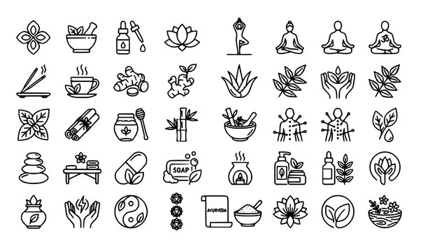 Ayurveda and Herbal Wellness Outline Icon Set with Editable Stroke Line Vector Collection