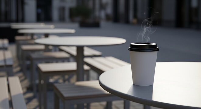 Minimalist outdoor caf&eacute; table with empty ashtray under soft natural daylight and urban background