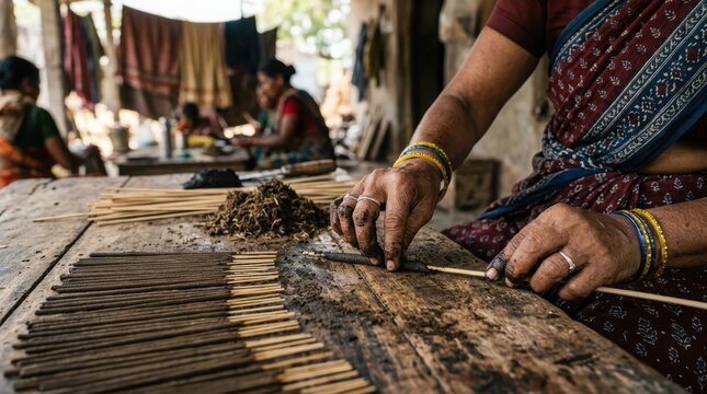 Indian women hands making traditional incense sticks known as agarbatti in village home close-up.