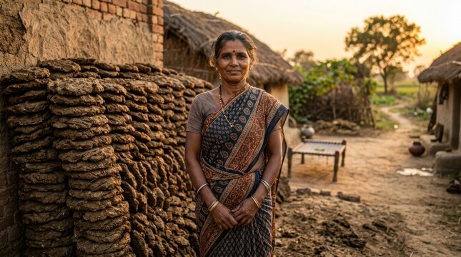 Indian village woman stands proudly in front of her traditional mud house and cow dung cakes at sunset.
