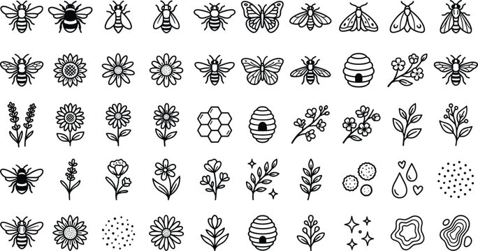 Honey bee and wildflower line art doodle set with butterflies beehives honeycomb and floral iconsHoney bee and wildflower line art doodle set with butterflies beehives honeycomb and floral icons