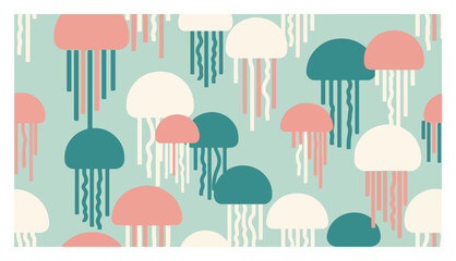 jellyfish seamless pattern with colorful marine wildlife on mint background © Anna