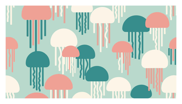 jellyfish seamless pattern with colorful marine wildlife on mint background