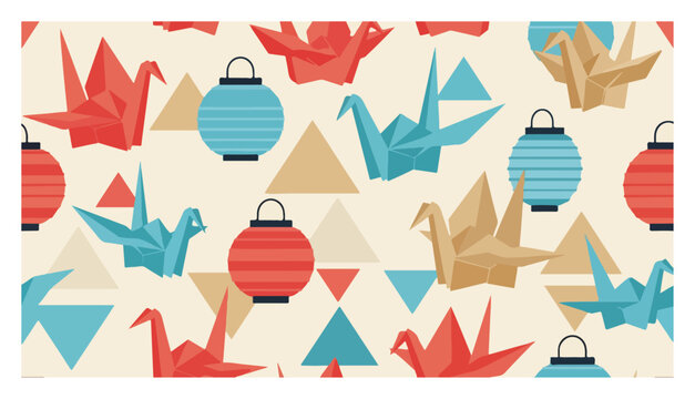 origami paper cranes and traditional lanterns seamless pattern in Japanese style