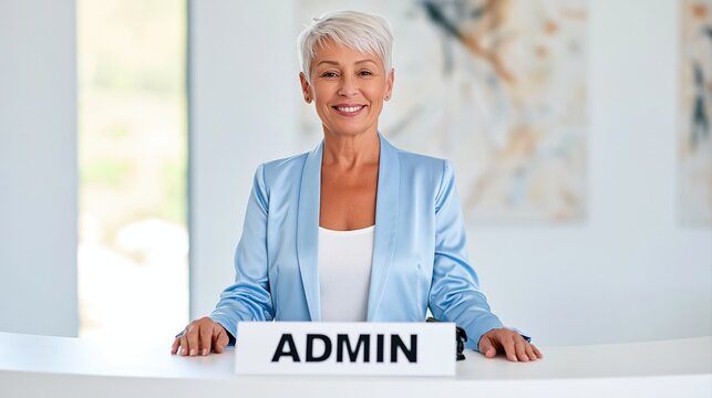 Happy female administrator with nameplate