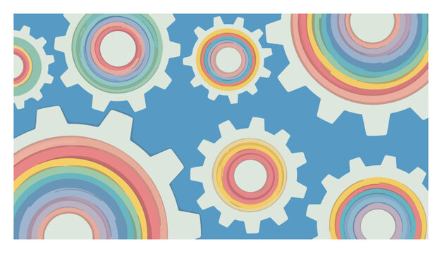 rainbow gears pattern with pastel concentric circles on blue background