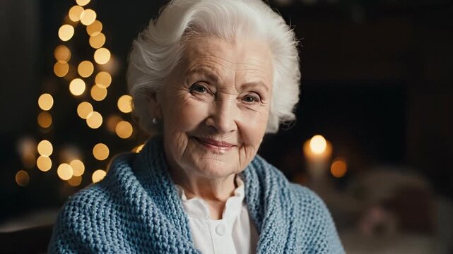 Smiling elderly woman in cozy knit shawl indoors with warm bokeh lights behind her, calm intimate portrait mood, ideal for senior care and holiday lifestyle themes