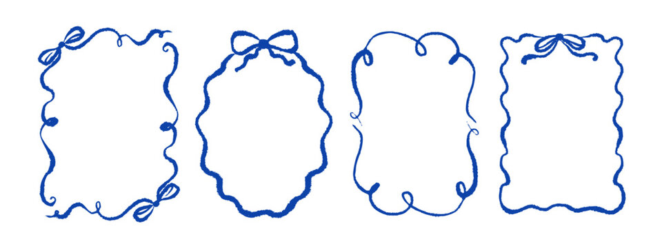Coquette doodle frames in blue ink style. Retro whimsical line art border set. Cute curly frames and borders. Templates, cards, posters, banners concept. Vector crayon isolated illustration