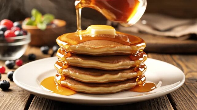 Syrup pouring over stack of pancakes with fresh berries.