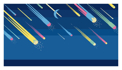 Meteor shower background with colorful shooting stars falling in night sky with crescent moon © Anna