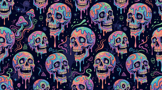 A vibrant, trippy seamless pattern featuring melting neon skulls and mushrooms on a dark background.