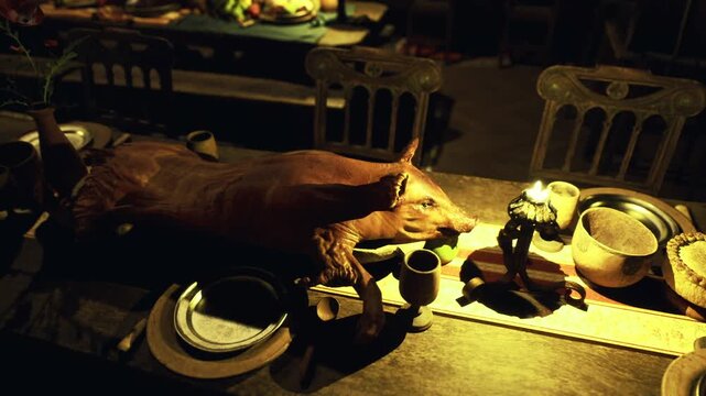 Chef tasting station with roasted pig and sampling bowls, plates and spoons on runner under directional warm light scene implies menu testing, food styling