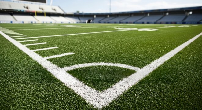 Ground level corner view of American football stadium field lines on green synthetic turf.