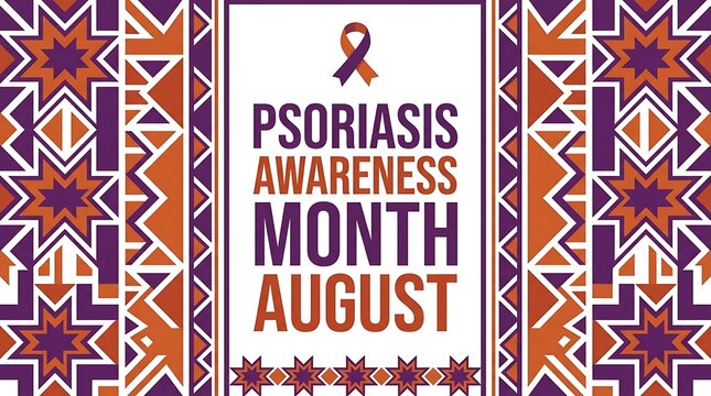 Professional graphic design for psoriasis awareness month observed throughout august with ornate traditional ethnic patterns and ribbon symbol for skin health medical education.