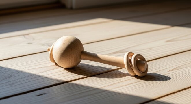 Handcrafted Wooden Baby Rattle on Sunlit Natural Wood Floor Montessori Inspired Eco-Friendly Infant Toy