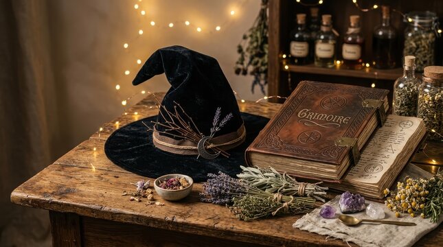 Witch hat and grimoire on wooden table with dried herbs and crystals for mystical halloween spell casting or ritual work.