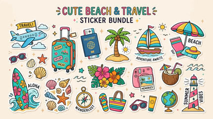 Cute summer beach and travel sticker bundle featuring cartoon vacation elements like tropical flowers surfboard passport with beach activities light background © fatima zainab
