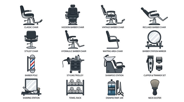 Barber shop equipment and furniture icons.