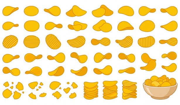 Premium potato chips vector pack with crispy snack icons isolated on white