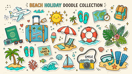 Cute beach holiday doodle collection featuring suitcase sun waves palm tree and travel accessories for summer vacation design with accessories light background © fatima zainab