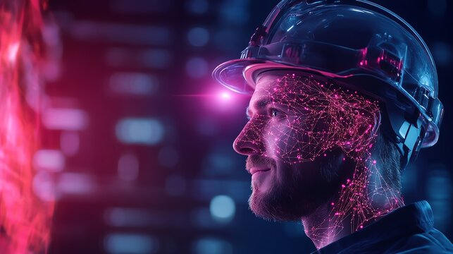 Smile Engineer in hardhat use AI automation Analysing data in computer