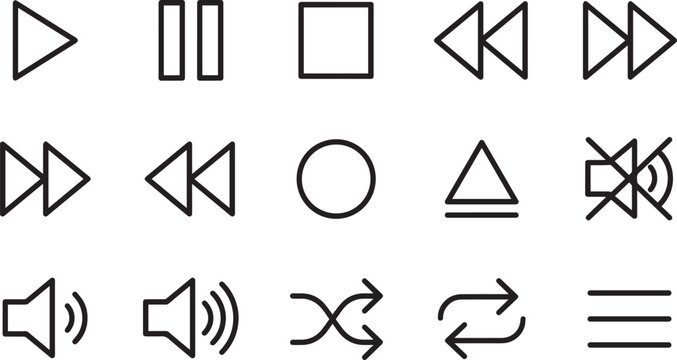 black and white media control and interface icons on a white background